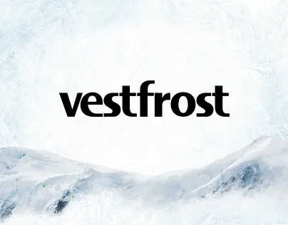 Logo marki Vestfrost na tle lodowej i górskiej scenerii